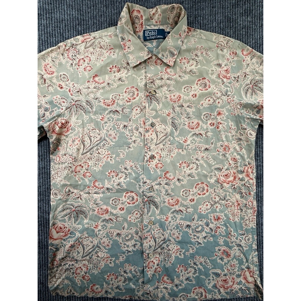 Polo Ralph Lauren Shirt Mens Medium Blue Floral Roses Short Sleeve Button Up VTG